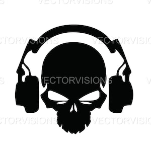 May include: Black and white illustration of a skull wearing headphones. The skull has a detailed design with eye sockets, a nose, and a jawline. The headphones are simple and cover the skull's ears.