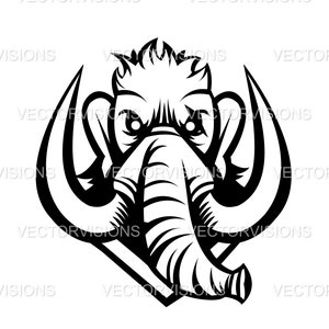 May include: Black and white illustration of a mammoth's head with a fierce expression. The mammoth has large tusks and a thick trunk. The illustration is in a stylized, cartoonish style.