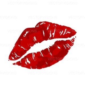 May include: A red lipstick kiss mark on a white background.
