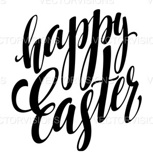 May include: Black and white calligraphy text that reads "Happy Easter".