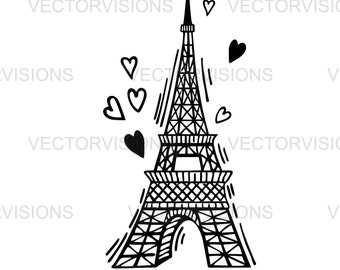 Tour Eiffel Svg, pays de l'amour Sgv, Eiffel Svg, tour de l'amour svg, vecteur couper fichier pour Cricut, Silhouette, Pdf Png Eps Dxf, autocollant, pochoir