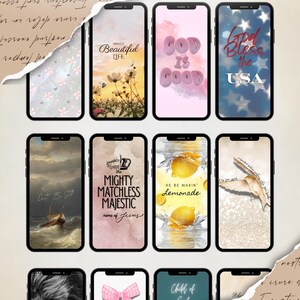 May include: A promotional image showcasing 18 faith-based digital wallpapers for smartphones. The designs feature inspirational quotes, Bible verses, and Christian themes. The image includes text that reads "18 Faith Based Digital Wallpapers" and "Christian, Inspirational, Bible Verses."