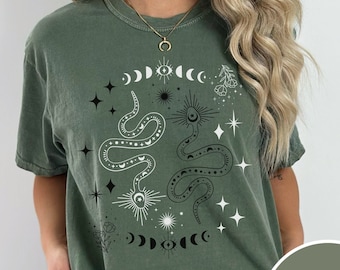 Celestial Snake Mystical Serpent Shirt Boho Snake T-Shirt Witchy Shirts Cottagecore Clothing Moon Phase Tshirt Gift For Witchcraft Lover