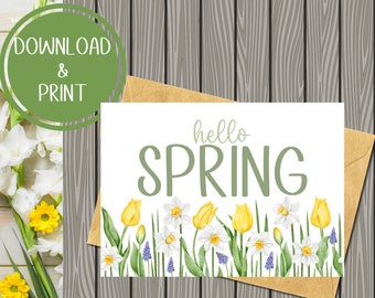 Hello Spring Blank Card | Digital Download Printable | Floral Minimalist Greeting Card Design | Happy Spring Flowers |