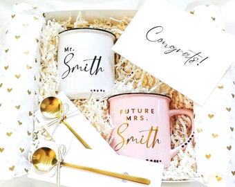 Personalized Engagement Gift Idea For Couple, Bridal Shower Gifts for Mr and Mrs, Couples Custom White and Pink Mug Present, Christmas