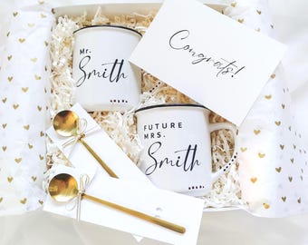Engagement Gift For Couple, Mr and Mrs Mug, Personalized Gift For Future Bride, Custom Wedding Gift Box, Couples Bridal Shower Gifts