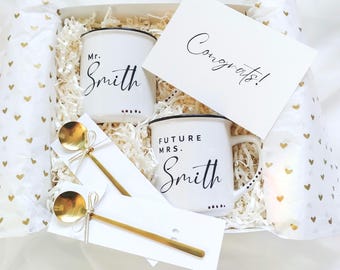 Engagement Gift for Just Engaged Couple, Personalized Gift for Couple, Bridal Shower Mr and Mrs Mugs, Future Bride Wedding Gift Box