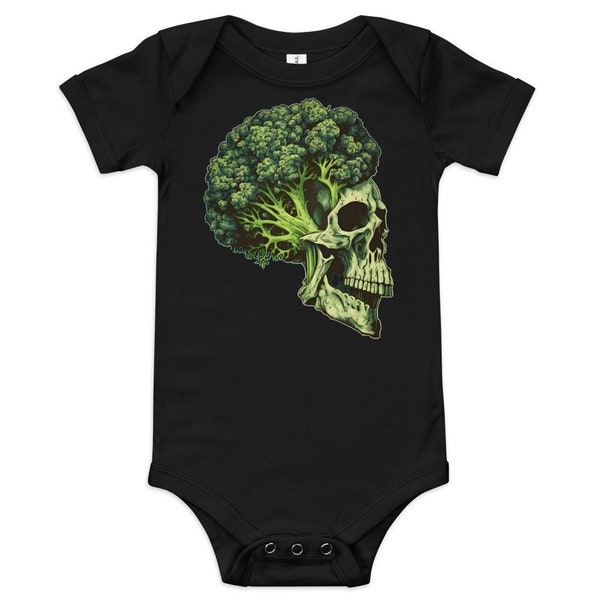 Broccoli Skull Onesie, short sleeve one piece, Vegan Baby Toddler T-Shirt with snaps, Halloween Gothic Punk Veggie Veganism Activist Apparel