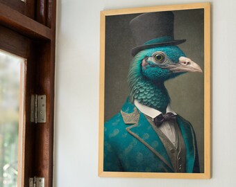Retrato victoriano de pavo real, decoración maximalista, arte pop barroco, impresión de arte de pared cambiante, descarga imprimible de píxeles eclécticos
