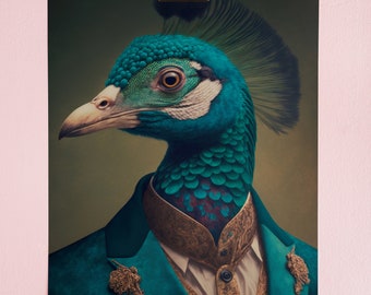 Retrato victoriano de pavo real, decoración maximalista, arte pop barroco, impresión de arte de pared cambiante, descarga imprimible de píxeles eclécticos
