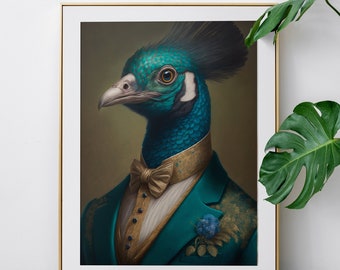 Retrato victoriano de pavo real, decoración maximalista, arte pop barroco, impresión de arte de pared cambiante, descarga digital instantánea