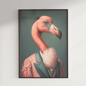 Viktorianisches Flamingo Portrait, maximalistisches Dekor, barocke Pop Art, stimmungsvolle Wand Kunst Druck, eklektische Pixel druckbare Download