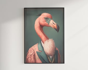 Retrato de flamenco victoriano, decoración maximalista, arte pop barroco, impresión de arte de pared cambiante, descarga imprimible de píxeles eclécticos