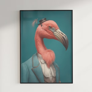 Viktorianisches Flamingo Porträt, Maximalistische Dekoration, Barock Pop Art, Stimmungsvolle Wand Kunst Druck, Eklektische Pixel Printable Download
