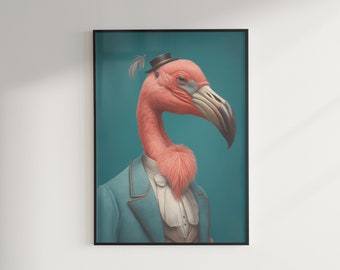 Retrato de flamenco victoriano, decoración maximalista, arte pop barroco, impresión de arte de pared cambiante, descarga imprimible de píxeles eclécticos