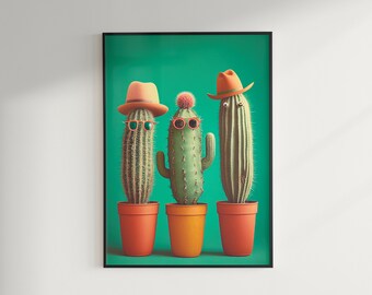 Trío de cactus divertido, decoración maximalista, impresión de arte de pared cambiante, descarga imprimible de píxeles eclécticos