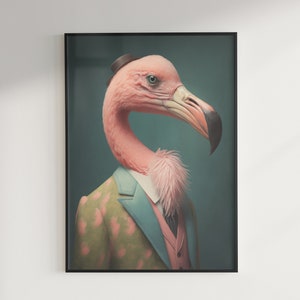 Victorian Flamingo Portrait, Maximalist Decor, Baroque Pop Art, Moody Wall Art Print, Eclectic Pixels Printable Download