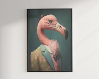 Retrato de flamenco victoriano, decoración maximalista, arte pop barroco, impresión de arte de pared cambiante, descarga imprimible de píxeles eclécticos