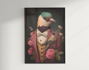 Retrato de pájaro victoriano, decoración maximalista, arte pop barroco, impresión de arte de pared cambiante, descarga imprimible de píxeles eclécticos