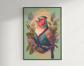 Retrato de pájaro victoriano, decoración maximalista, arte pop barroco, impresión de arte de pared cambiante, descarga imprimible de píxeles eclécticos