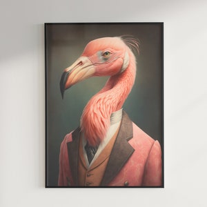 Viktorianisches Flamingo Portrait, maximalistisches Dekor, barocke Pop Art, stimmungsvolle Wand Kunst Druck, eklektische Pixel druckbare Download