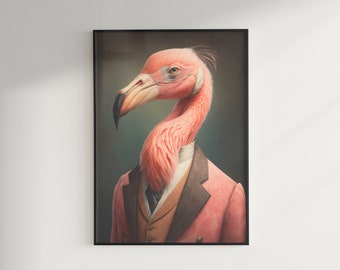 Retrato de flamenco victoriano, decoración maximalista, arte pop barroco, impresión de arte de pared cambiante, descarga imprimible de píxeles eclécticos