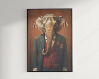 Retrato de elefante vintage, decoración maximalista, impresión de arte de pared cambiante, descarga imprimible de píxeles eclécticos