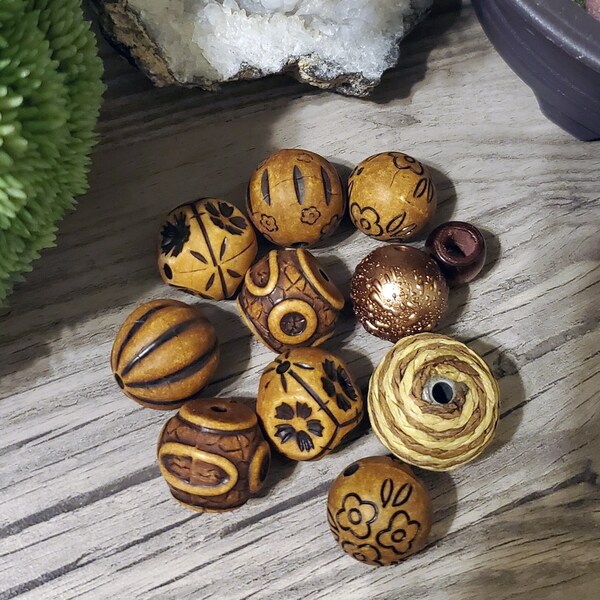 Set of 9 & Bonus Beads - Hand Carved Wooden Beads from Bali