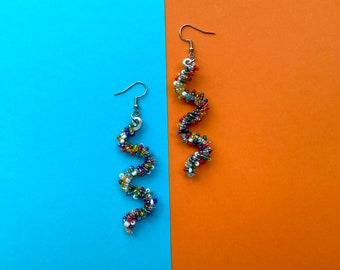 Fun Rainbow SeedBead Wire Wrapped Wiggle Earrings. Unique Geometric Earrings
