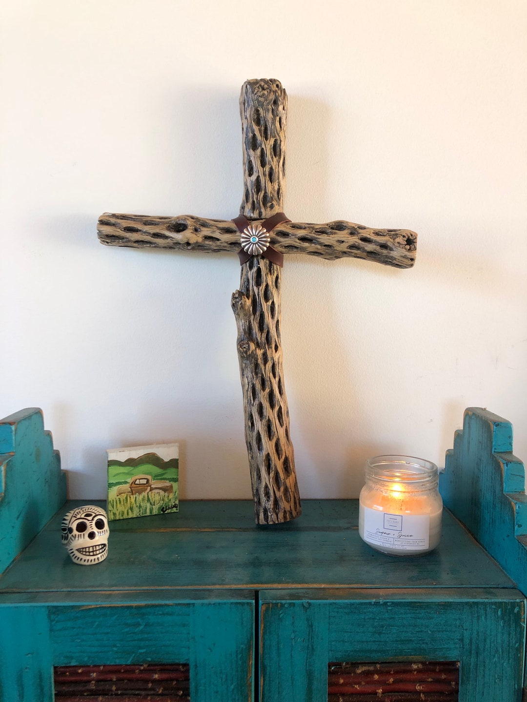18” Large Cholla Cactus Wood Cross /santa Fe Desert Rustic Religious ...