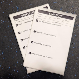 May include: Two white rectangular medical reference cards with black text. The top card is labeled SOAP NOTE with fields for patient name, weight, location, date, age, sex, and time, followed by sections for Subjective, Objective, Assessment, and Plan.