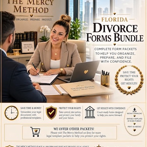 Pode incluir: Um pacote digital de formulários de divórcio da Flórida da The Mercy Method, apresentando uma cena de consulta profissional, texto detalhando pacotes de documentos legais, modelos editáveis em Word e instruções para organizar, preparar e arquivar.