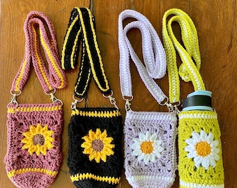 Sunflower Water Bottle Carrier/ Crochet Water Bottle Holder/ Sunflower Crossbody bag/ Daisy Crossbody bag