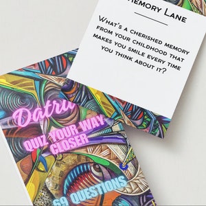 May include: A colorful, abstract design with the text "Datru Quiz Your Way Closer 69 Questions" on a white background. The text is in pink, blue, and white. The design is a mix of geometric shapes and patterns.