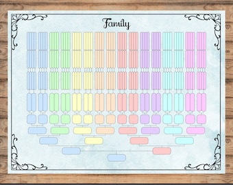 8 Generation 8 Color Pedigree Chart, Blue Watercolor Background, Print & Fill Family Tree, Digital Download Genealogy Chart, 48 x 36 inches