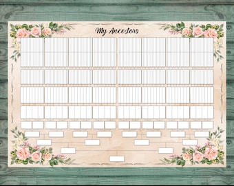 9 Generation Pedigree Chart, Rose Floral Border Parchment Background, Print & Fill Family Tree, Digital Download Genealogy Chart, 60x40 inch