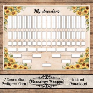 May include: A 7-generation pedigree chart with the title "My Ancestors" in black script. The chart features a beige background with a floral sunflower border. The bottom of the chart reads "7 Generation Pedigree Chart" and "Instant Download".