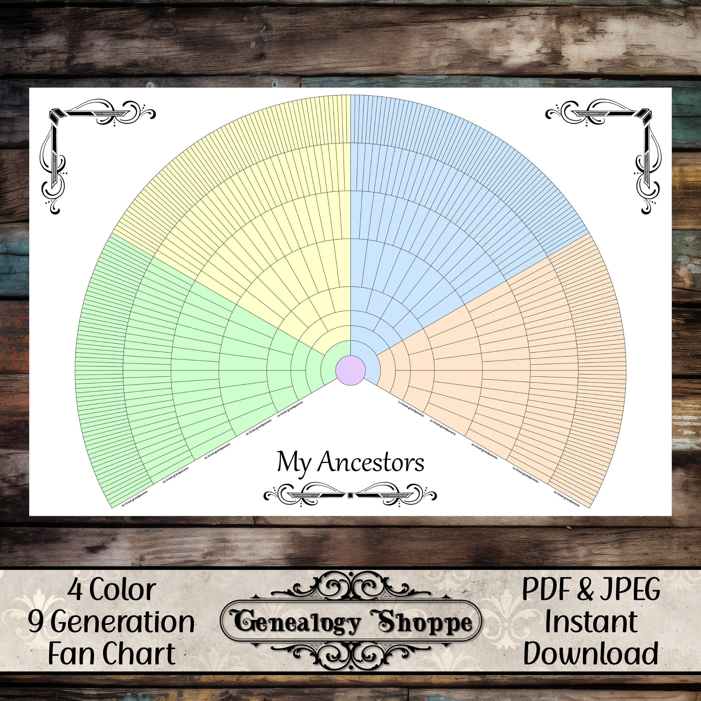 9 Generation Genealogy, 4 Color Fan Chart, Print &amp; Fill, Family Tree ...