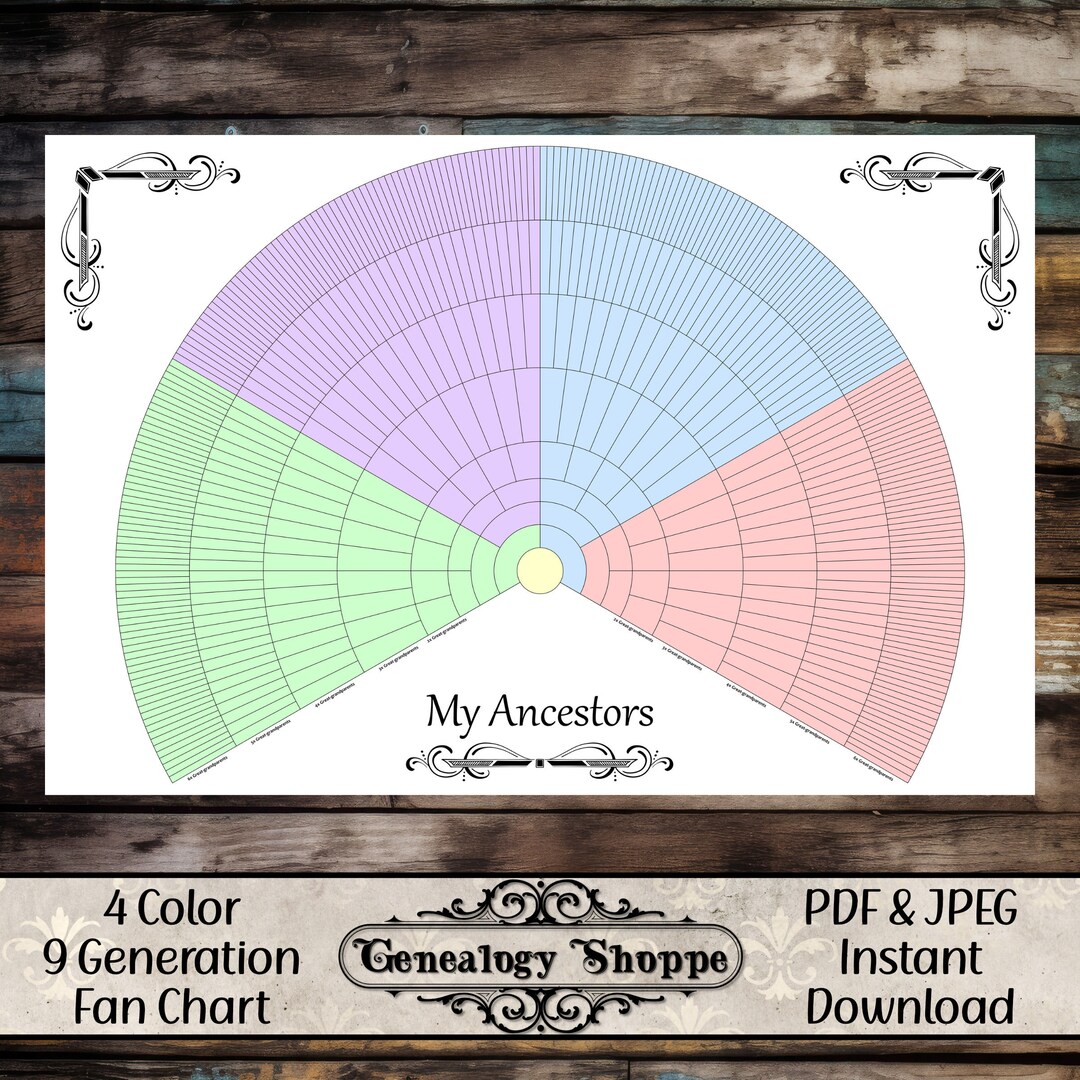 4 Color Fan Chart, 9 Generation Genealogy, Family History Chart, Print ...