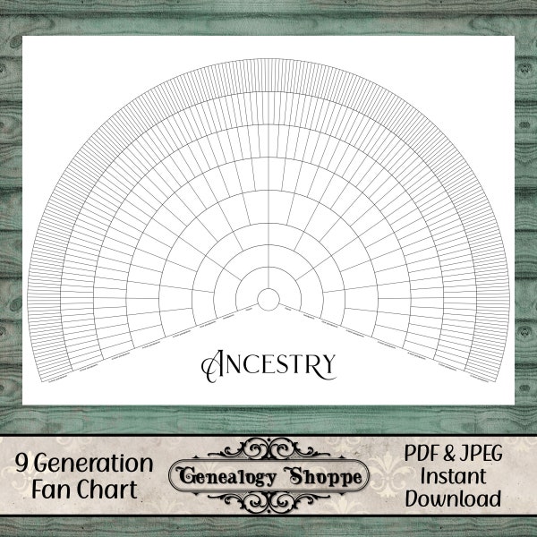 9 Generation Fan Chart, Print & Fill, Digital Printable Fan Chart, Genealogy, Family History, Ancestry, 48 x 36 inch, Family Tree Wall Art