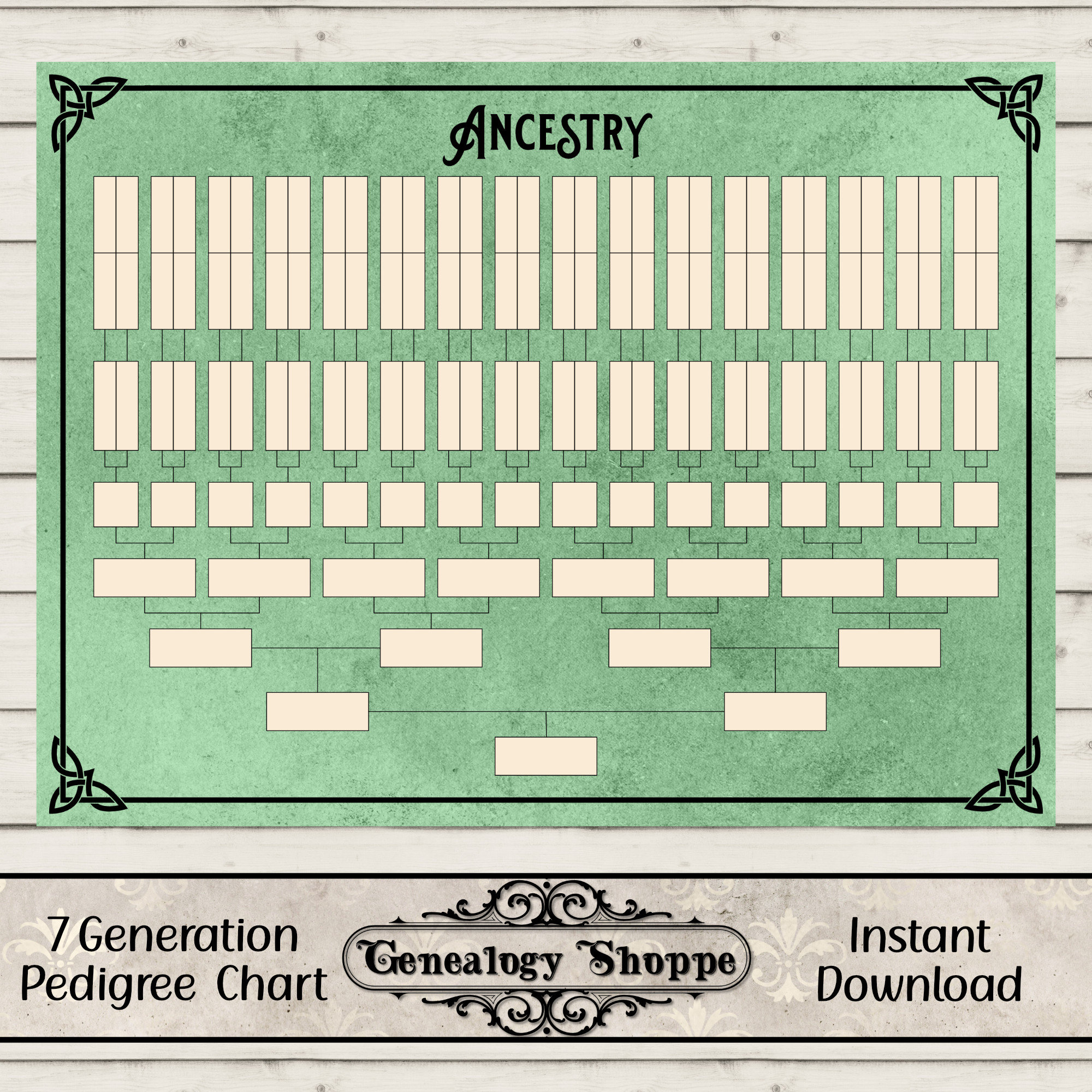 7 Generation Horizontal Pedigree Chart, Celtic Border Dark Green ...