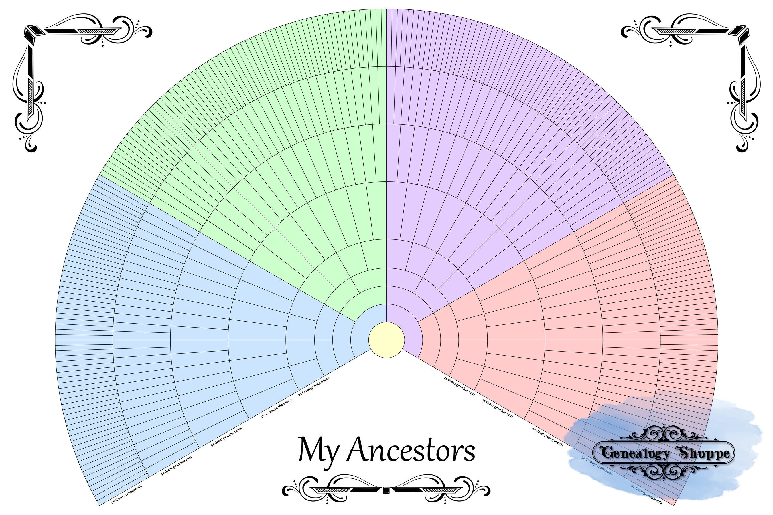 Digital Printable Fan Chart, 9 Generation Genealogy, 4 Color Fan Chart ...