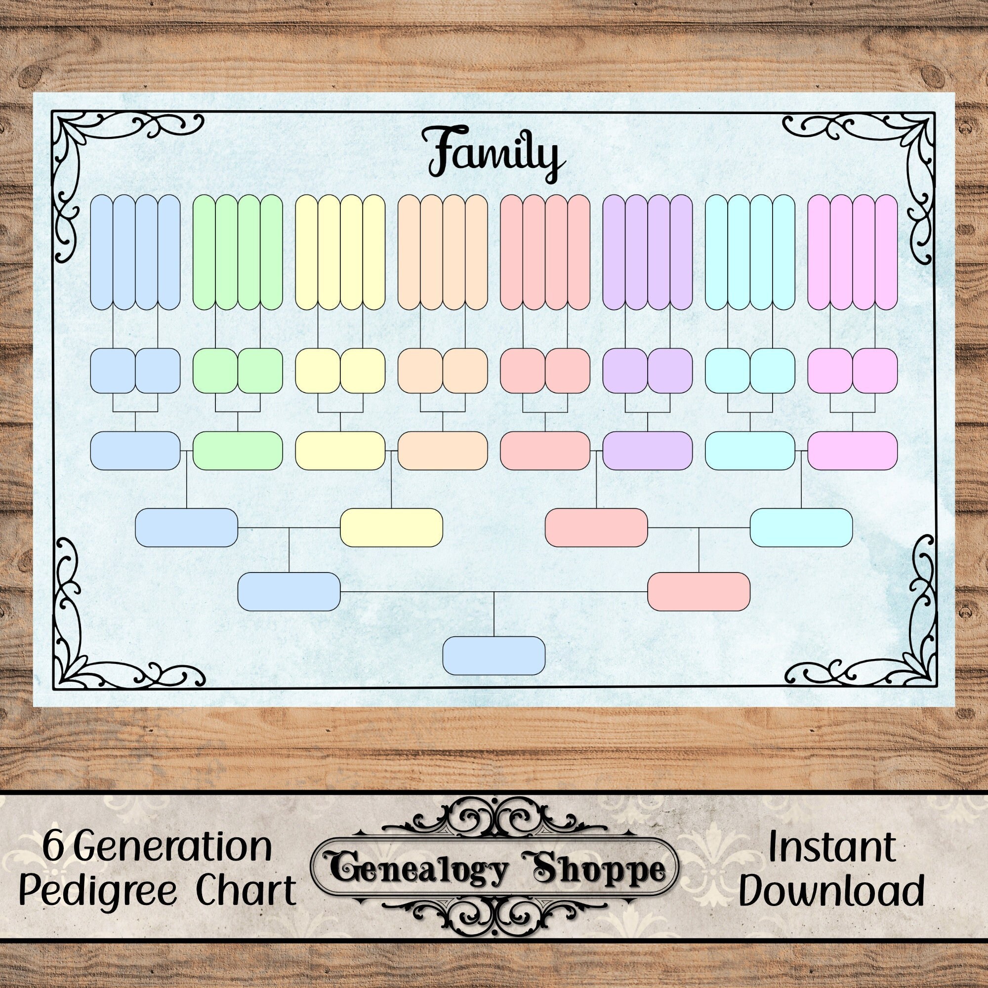 6 Generation 8 Color Horizontal Pedigree Chart, Blue Watercolor Background, Print & Fill Family Tree, Digital Download, Ancestry, 36x24 inch