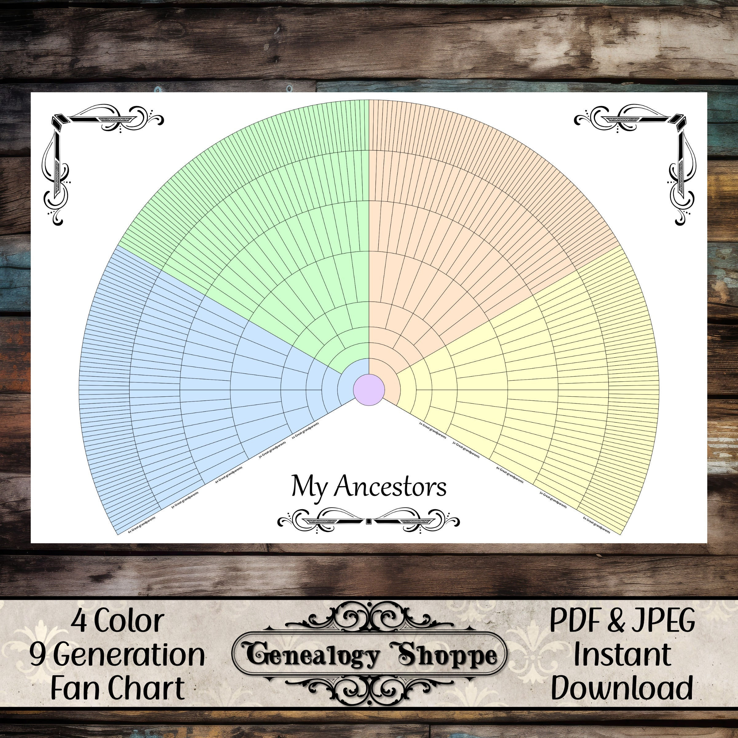 9 Generation Genealogy, 4 Color Fan Chart, Print & Fill, Family Tree ...
