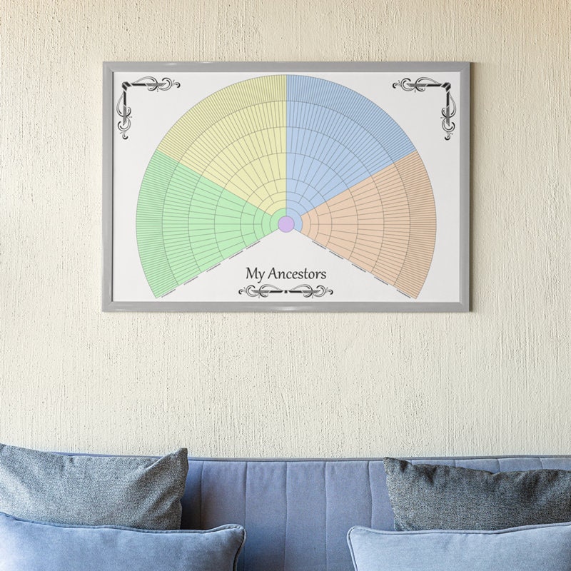 9 Generation Genealogy, 4 Color Fan Chart, Print &amp; Fill, Family Tree ...