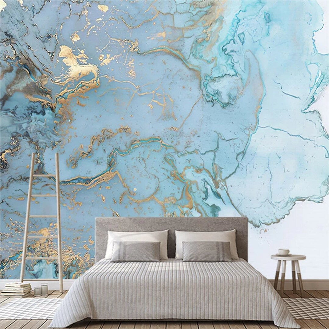 Blue & Gold Marble 3D Wallpaper, Custom Size Wallpaper, Accent ...