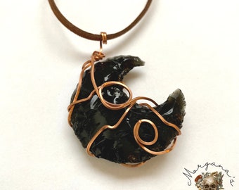 Black Obsidian Wire Wrapped Moon Necklace