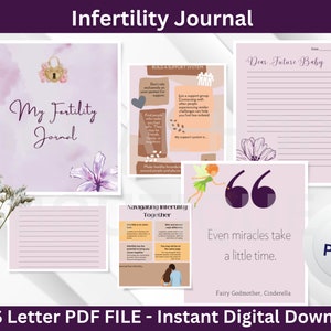 Op de afbeelding: Een digitaal printbaar dagboek voor mensen die te maken hebben met onvruchtbaarheid. De omslag heeft een paarse en roze aquarel achtergrond met een slot en sleutel, een bloem en de tekst "My Fertility Journal". Het dagboek bevat prompts voor het bijhouden van een dagboek, citaten en tips voor het navigeren door onvruchtbaarheid. De tekst "40 Pages" is zichtbaar in de rechterbenedenhoek.