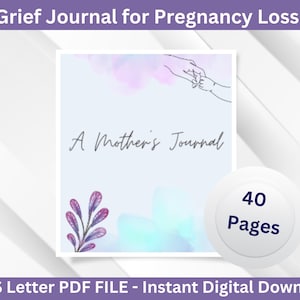 May include: A square journal cover titled A Mother's Journal with a line art illustration of an adult hand holding a baby's hand. The background features soft purple and blue watercolor washes and a small purple leaf graphic. A circular badge reads 40 Pages.