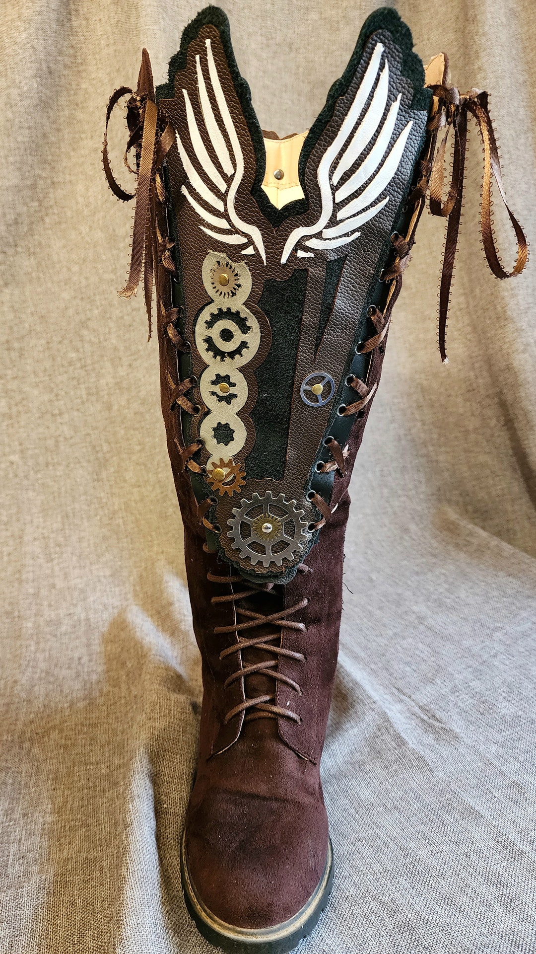Steampunk Boot Extenders for Extra Wide Calf Wings and Gears Laces Into